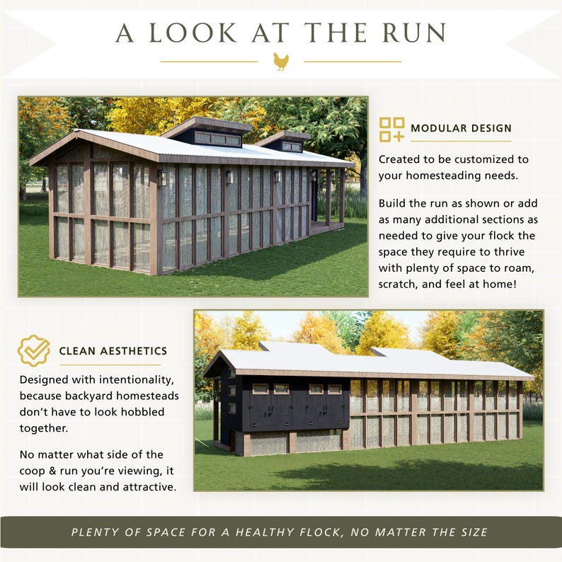 May include: A modular chicken coop and run featuring a brown wooden frame, white corrugated roof, and wire mesh walls. The structure includes black nesting box panels, small windows, and text reading A LOOK AT THE RUN, MODULAR DESIGN, and CLEAN AESTHETICS.
