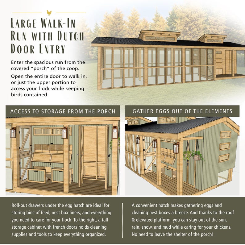 May include: A large wooden chicken coop featuring a walk-in run with a Dutch door entry, a covered porch area, roll-out storage drawers, and an egg collection hatch. The structure includes a dark roof, light green siding, and interior lighting.