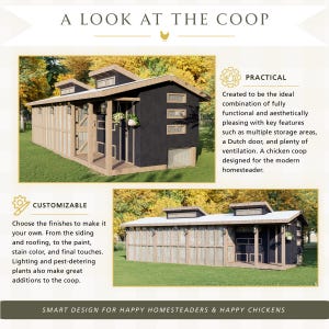 May include: A chicken coop with black siding, a light-coloured wooden frame, and a white roof. The structure features a Dutch door, multiple windows, and a wire mesh enclosure. Text on the image reads: A LOOK AT THE COOP, PRACTICAL, CUSTOMIZABLE, SMART DESIGN FOR HAPPY HOMESTEADERS & HAPPY CHICKENS.
