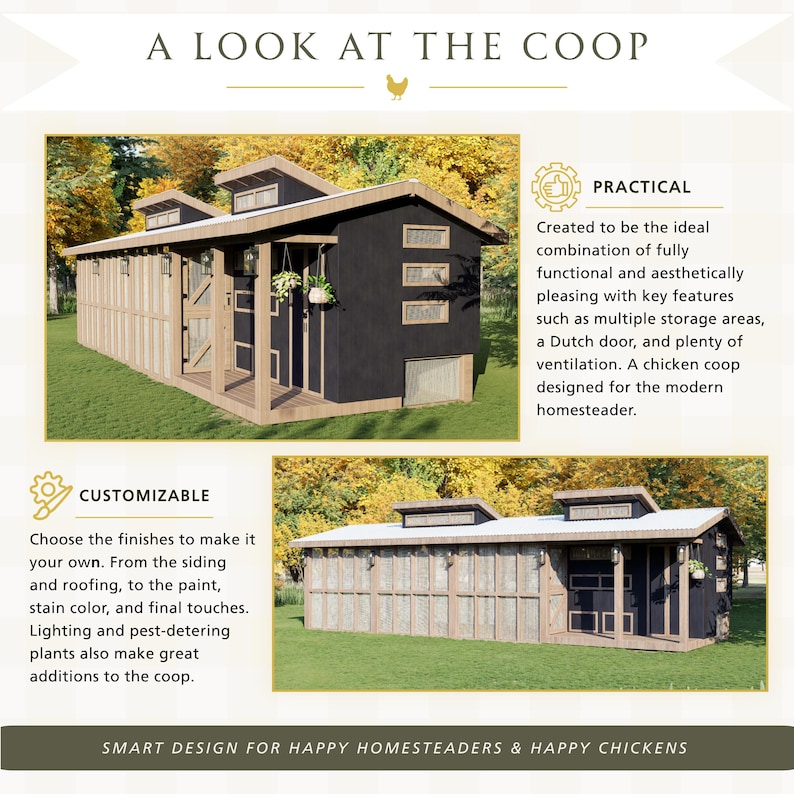 May include: A chicken coop with black siding, a light-coloured wooden frame, and a white roof. The structure features a Dutch door, multiple windows, and a wire mesh enclosure. Text on the image reads: A LOOK AT THE COOP, PRACTICAL, CUSTOMIZABLE, SMART DESIGN FOR HAPPY HOMESTEADERS & HAPPY CHICKENS.