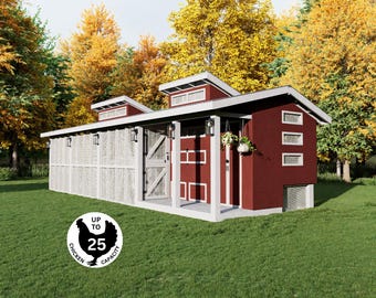 May include: A red and white chicken coop with a capacity for up to 25 chickens. The coop has a modern design with a sloped roof, multiple windows, and a white fence. The coop is set on a green lawn with trees in the background.