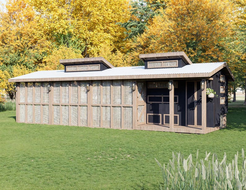 May include: A small, modern cabin-style chicken coop with a corrugated metal roof and dark brown siding. The coop has a wooden facade with a series of vertical panels and a small porch. | DIY modern cabin chicken coop building plans with walk-in run, storage area, and easy-clean access hatches for backyard chickens.