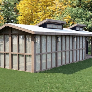 May include: A wooden chicken coop with a corrugated metal roof. The building has a rectangular shape with a small porch area. The design incorporates a mix of wood and screen. | Chicken coop interior design showing nesting area, cleaning access doors, and efficient backyard poultry housing plan.