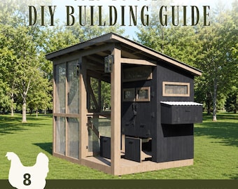 May include: A step-by-step DIY building guide for a mini modern coop for 4-8 chickens. The structure features a black wooden exterior, a brown frame, a wire mesh enclosure, a slanted roof, and a nesting box attached to the side wall.