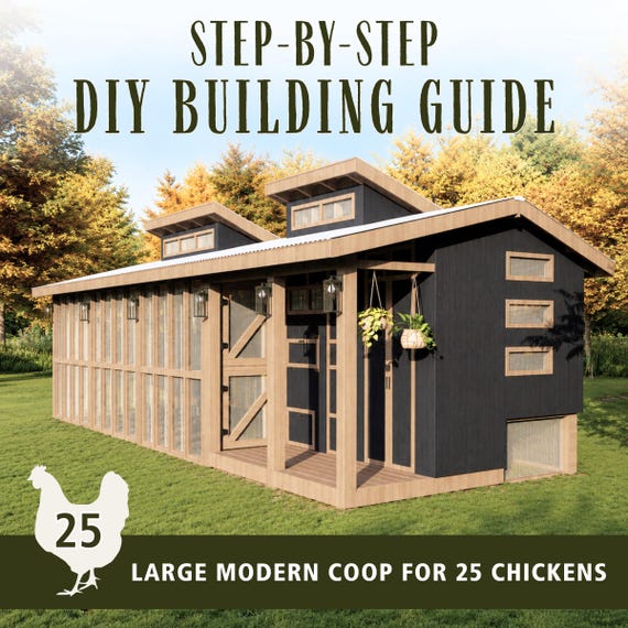 Chicken Coop Building Plans 15-25 Chickens | Large Modern Backyard Coop Storage Walk In Run Enclosure | DIY Manual Guide Blueprint Digital