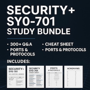 Peut inclure: Graphique bleu foncé avec du texte blanc indiquant « SECURITY + SYO-701 STUDY BUNDLE ». L'image comprend des listes de matériel d'étude tel que des Q&R, des feuilles de triche, des ports, des protocoles et des acronymes.