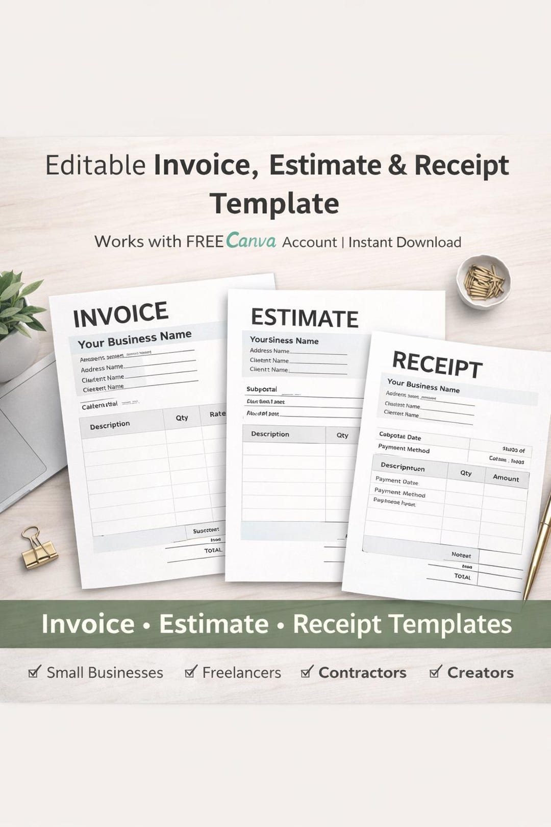 Editable Invoice, Estimate & Receipt Template | Canva Invoice Bundle ...