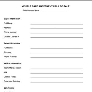 Vehicle Bill of Sale Template | Printable Car Sale Agreement PDF | Private Auto Transfer Form