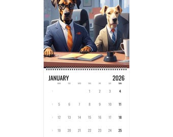 May include: A 2026 wall calendar featuring two anthropomorphic dogs in business attire. The calendar shows the month of January with dates. One dog wears glasses and a blue suit, the other a tan suit. A coffee cup and open book are on the desk.