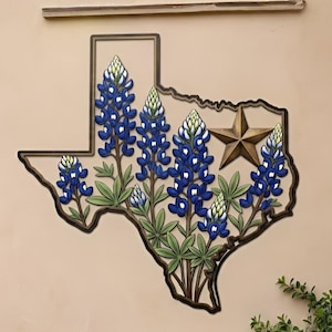Art mural en métal Texas Bluebonnet, décoration de jardin fleuri, carte du Texas en métal, art mural extérieur rustique, cadeau de pendaison de crémaillère