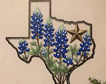 Texas Bluebonnet Metallwandkunst, Zustandblumengarten-Dekor, Texas Karte Metallschild, rustikale Außenwandkunst, Housewarminggeschenk