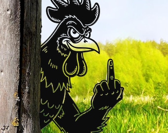 Funny Rooster Peeking Metal Yard Sign with Middle Finger, Chicken Farmhouse Decor, Rude Garden Mailbox Fence Outdoor Gift