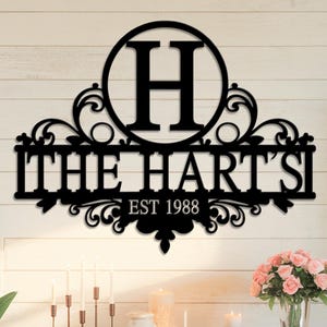 Puede incluir: Letrero de nombre familiar de metal negro con la letra "H" en un círculo, el nombre "THE HART'S" y el año "EST 1988". El letrero está montado en una pared de madera blanca sobre una mesa con velas y flores.