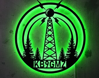 Personalized Radio Tower LED Sign with Callsign | Custom Lighted Wall Decor for Ham Operator | Gift for Radio Enthusiast
