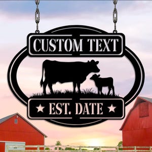 Custom Cow and Calf Metal Farm Sign - Personalized Ranch or Barn Decor, Outdoor Dairy Farm Name Sign, Established Family Farm Gift