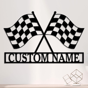Custom Racing Flag Metal Wall Art, Checkered Flag Name Sign, Personalized Gift for Racer, Garage or Mancave Decor, Sport Lover&#39;s Custom Sign