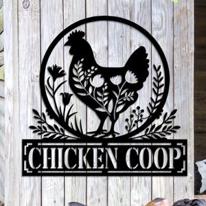 Enseigne personnalisée pour poulailler - Poule en métal personnalisée et oeuvre d'art murale florale pour grange de ferme, poulailler d'arrière-cour ou décoration extérieure