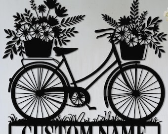 Custom Bicycle Flower Metal Sign – Personalized Wildflower Wall Art, Farmhouse Spring Decor, Garden Welcome Sign with Family Name