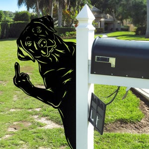 May include: Black metal dog silhouette with a raised middle finger, attached to a white mailbox post. The dog is facing left, with the middle finger extended. A black mailbox is to the right.