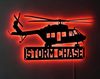 Personalized Helicopter LED Sign – Custom Aviation Wall Light for Pilot, Military Decor, Man Cave or Air Force Gift for Him