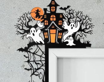 Haunted House Halloween Door Corner Sign, Ghost & Metal Door Topper, Silhouette Decor, Halloween Wall Gift