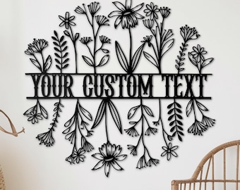 Arte de pared metálico con flores silvestres: letrero con nombre personalizado, decoración rústica personalizada, letrero de bienvenida floral para puerta de entrada, porche o jardín.