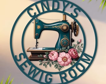 Personalized Sewing Room Sign, Custom Metal Sewing Machine Sign with Flowers, Seamstress Gift, Vintage Tailor Wall Decor for Craft Room