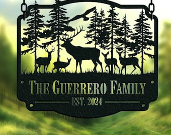 Custom Deer & Forest Metal Sign - Farmhouse Family Name Sign - Rustic Outdoor Wall Art - Personalized Metal Decor