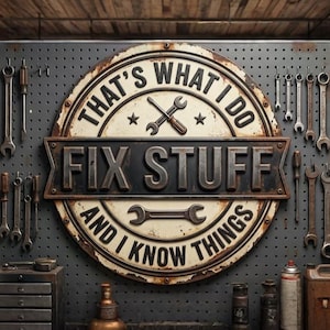 Pode incluir: Cena de oficina com um letreiro que diz "THAT'S WHAT I DO, FIX STUFF, AND I KNOW THINGS". O letreiro é rodeado por ferramentas e um carro vermelho clássico. O cenário é uma garagem bem iluminada com pisos de madeira.