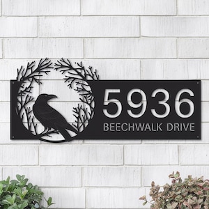 Personalized Raven Metal Address Sign, Custom House Number Plaque, Outdoor Hanging Yard Sign, Gothic Home Decor, Garden Address Stake
