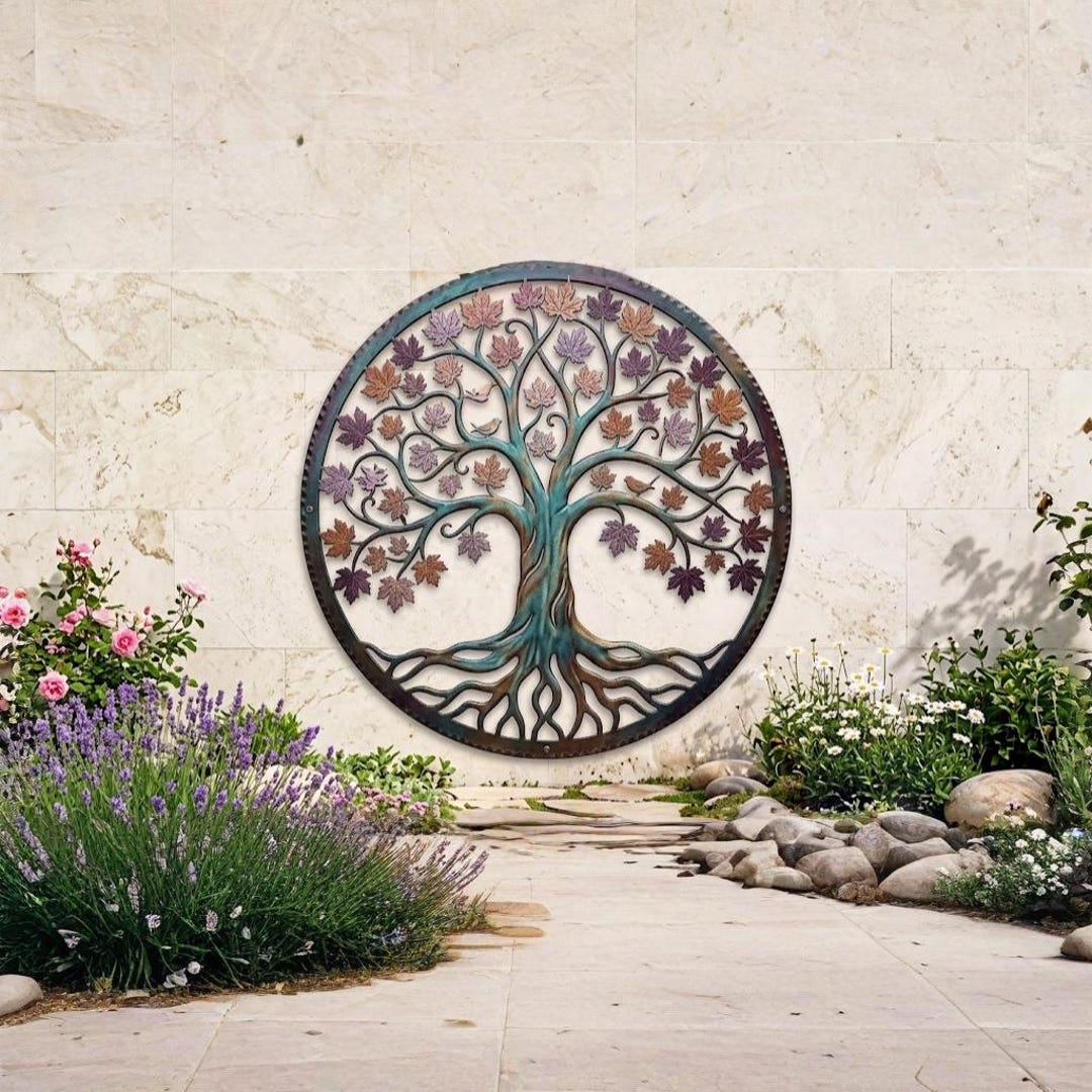 Tree of Life Metal Wall Art, Autumn Maple Leaf Garden Decor, Outdoor ...