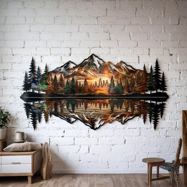 Mountain Lake Metal Wall Art, Forest Landscape Wall Decor, Rustic Cabin ...