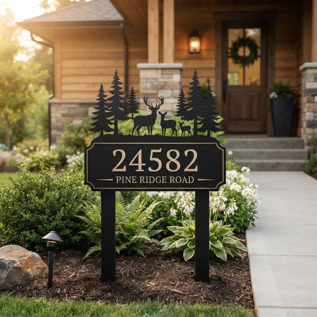 Rustic Outside Signs Personalized Address Yard Sign, Custom House Number Metal Stake, Deer ...
