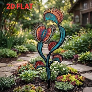 Venus Flytrap Garden Stake, Carnivorous Plant Yard Decor, Colorful 2D Flat Metal Flower Sign, Botanical Outdoor Gift