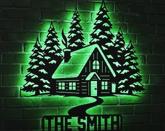 Personalized Cabin Metal Sign – Custom Family Name Mountain House Wall Art for Home, Porch, or Lake House Décor