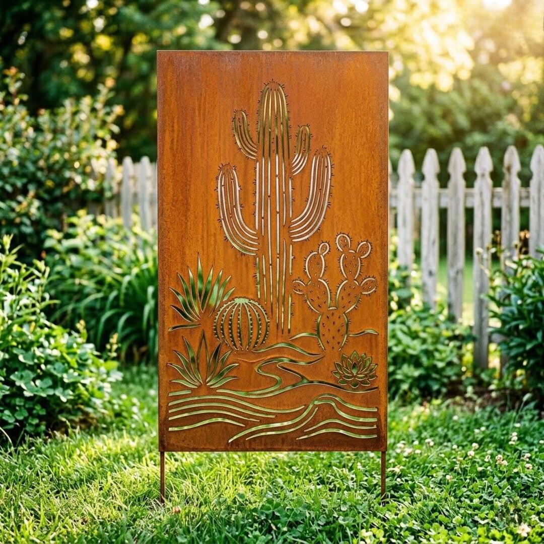 Rustic Cactus Sign Cactus Garden Metal Stake, Desert Cactus Yard Art, Southwestern Outdoor ...