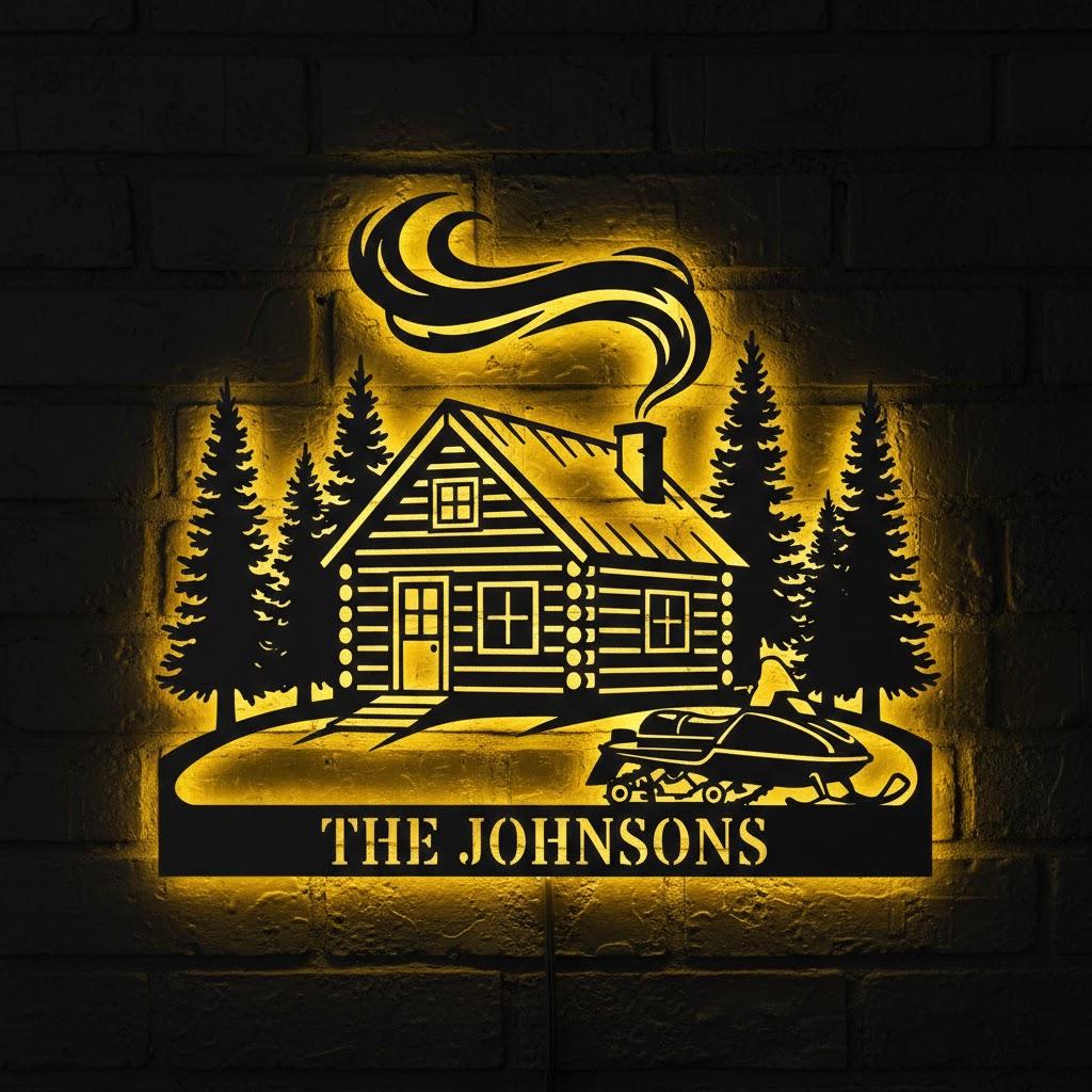 Personalized Cabin LED Sign, Custom Family Name Metal Wall Art, Log Cabin Decor with Snowmobile, Rustic Lake House Gift, Mountain Home Neon