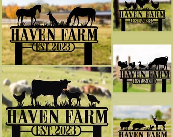 Custom Metal Farm Sign with Animal Silhouettes – Large Personalized Ranch or Barn Outdoor Name Sign, Personalized farm sign, gift for him