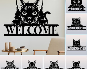 Decorazione murale in metallo con scritta "Benvenuto Gatto", cartello personalizzato con nome del gatto, regalo per gli amanti dei gatti, decorazione per interni, simpatico cartello in metallo per animali domestici.
