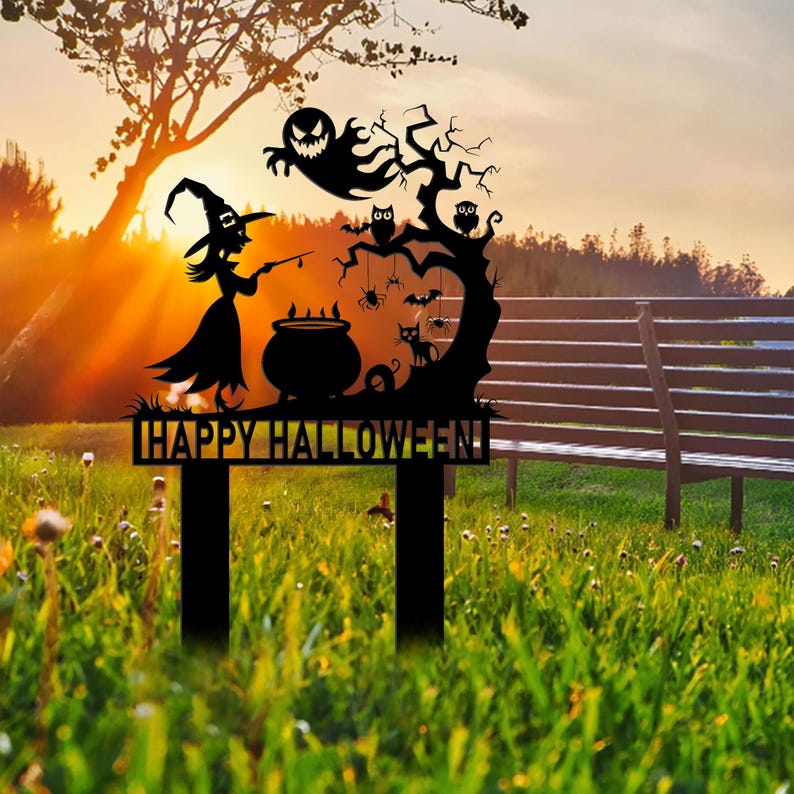 Personalized Halloween Metal Yard Sign, Custom Witch Cauldron Outdoor ...