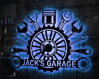 Personalized Garage Metal Sign – Custom Mechanic Shop LED Wall Decor with Tools and Gear Design for Workshop, Man Cave or Gift