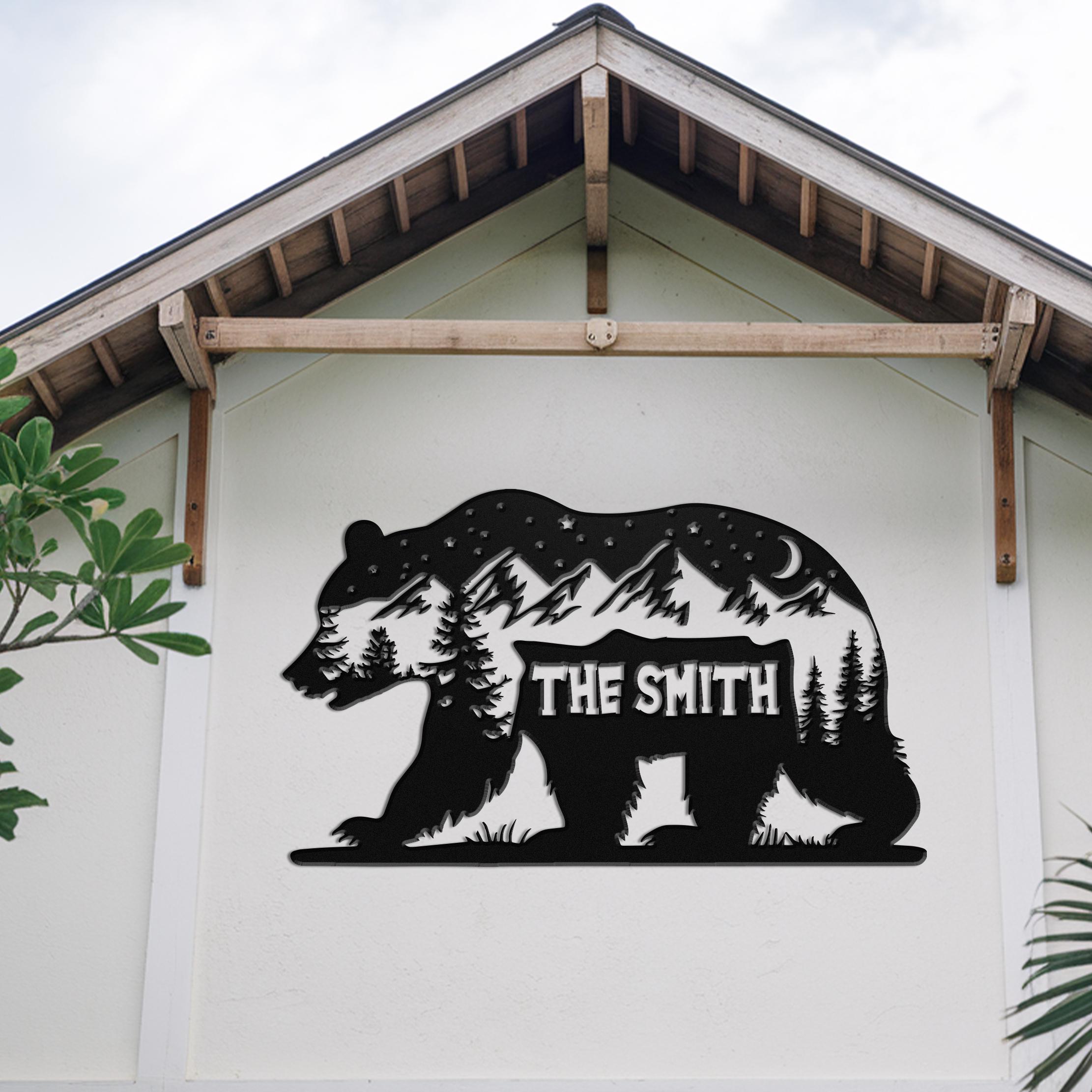 Personalized Bear Metal Sign, Rustic Mountain Cabin Decor, Outdoor Lodge Wall Art, Custom Bear Door Sign, Nature Wildlife Gift