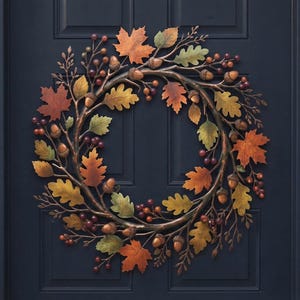 May include: A circular autumn-themed wreath constructed from metal branches, featuring a variety of orange, yellow, and green maple and oak leaves, interspersed with small brown acorns and clusters of dark red berries throughout the design.