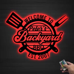 Custom LED BBQ Sign – Personalized Backyard Barbecue Metal Wall Decor with Remote, Outdoor Grill Sign for Patio or Man Cave