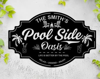 Letrero personalizado de oasis junto a la piscina: arte de pared metálico personalizado para patio o piscina, decoración de oasis de metal para patio trasero con nombre y diseño tropical.