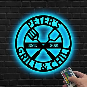 Personalisiertes Grill Metallschild mit LED - Benutzerdefiniertes Grillgeschenk für Papa, Outdoor-Küchendekoration, Veranda oder Terrasse mit Est. Jahr