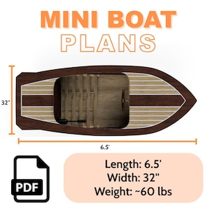 以下が含まれることがあります： 「MINI BOAT PLANS」の文字が入った木製のミニボートの真上からの画像。 ボートは茶色で、明るい木材のアクセントがあり、長さ198cm、幅81cmです。 画像にはPDFアイコンとボートの概算重量も含まれています。