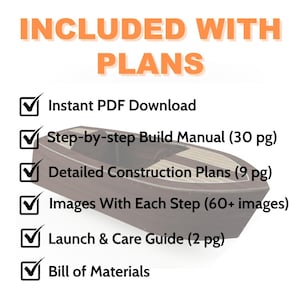 以下が含まれることがあります： 「INCLUDED WITH PLANS」のテキストが入ったボートモデルの画像。含まれるアイテムは、インスタントPDFダウンロード、ステップバイステップのビルドマニュアル（30ページ）、詳細な建設プラン（9ページ）、各ステップの写真（60枚以上）、起動とケアガイド（2ページ）、および材料の請求書です。