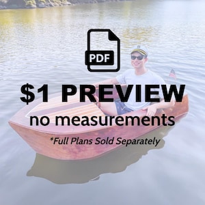 Könnte beinhalten: Ein Holzboot mit Streifendesign ist im Wasser zu sehen. Das Bild enthält den Text "$1 PREVIEW" und "no measurements". Ein PDF-Symbol ist ebenfalls vorhanden. Die Worte "Full Plans Sold Separately" sind ebenfalls sichtbar.