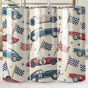 Envelopamento para copo de carro de corrida, carros clássicos, bandeiras de corrida vintage, design de sublimação para amantes de carros, copo de 20 oz, decoração para dia de corrida, entusiasta de automóveis